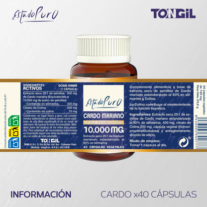 Cardo Mariano Puro 10000 mg | Extracto de semilla concentrado 25:1 con 80 % de silimarina y colina | Apoyo hepático, depuración y desintoxicación | 40 cápsulas vegetales Tongil (1)