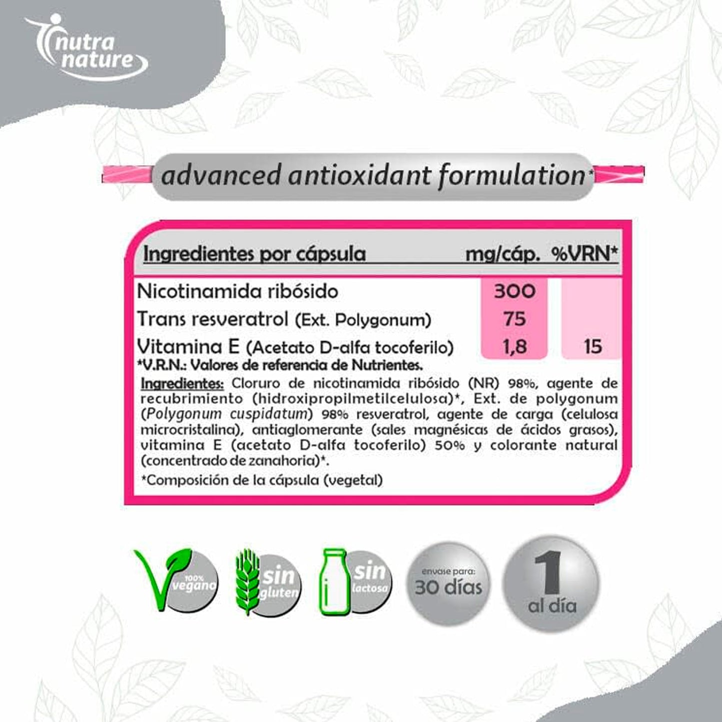 Pinisan NAD+300 Nutranature – 30 Caps – Pack of 2 Units (60 Caps Total) Food Supplement Based on Nicotinamide Riboside, Trans Resveratrol and Vitamin E