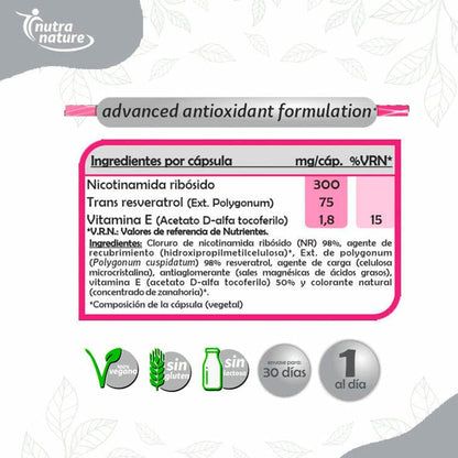 Pinisan NAD+300 Nutranature – 30 Caps – Pack of 2 Units (60 Caps Total) Food Supplement Based on Nicotinamide Riboside, Trans Resveratrol and Vitamin E