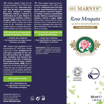 MARNYS Aceite Regenerador Rosa Mosqueta Biológico 100% Vegetal Spray 50ml, 1