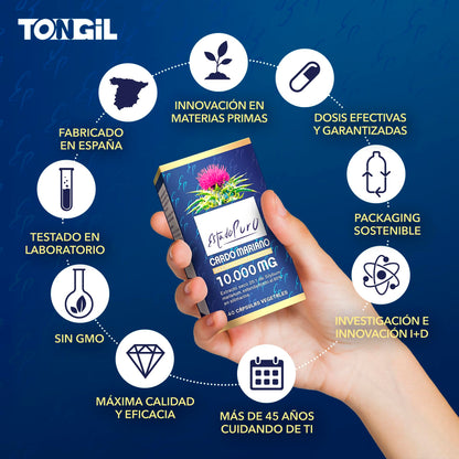 Cardo Mariano Puro 10000 mg | Extracto de semilla concentrado 25:1 con 80 % de silimarina y colina | Apoyo hepático, depuración y desintoxicación | 40 cápsulas vegetales Tongil (1)