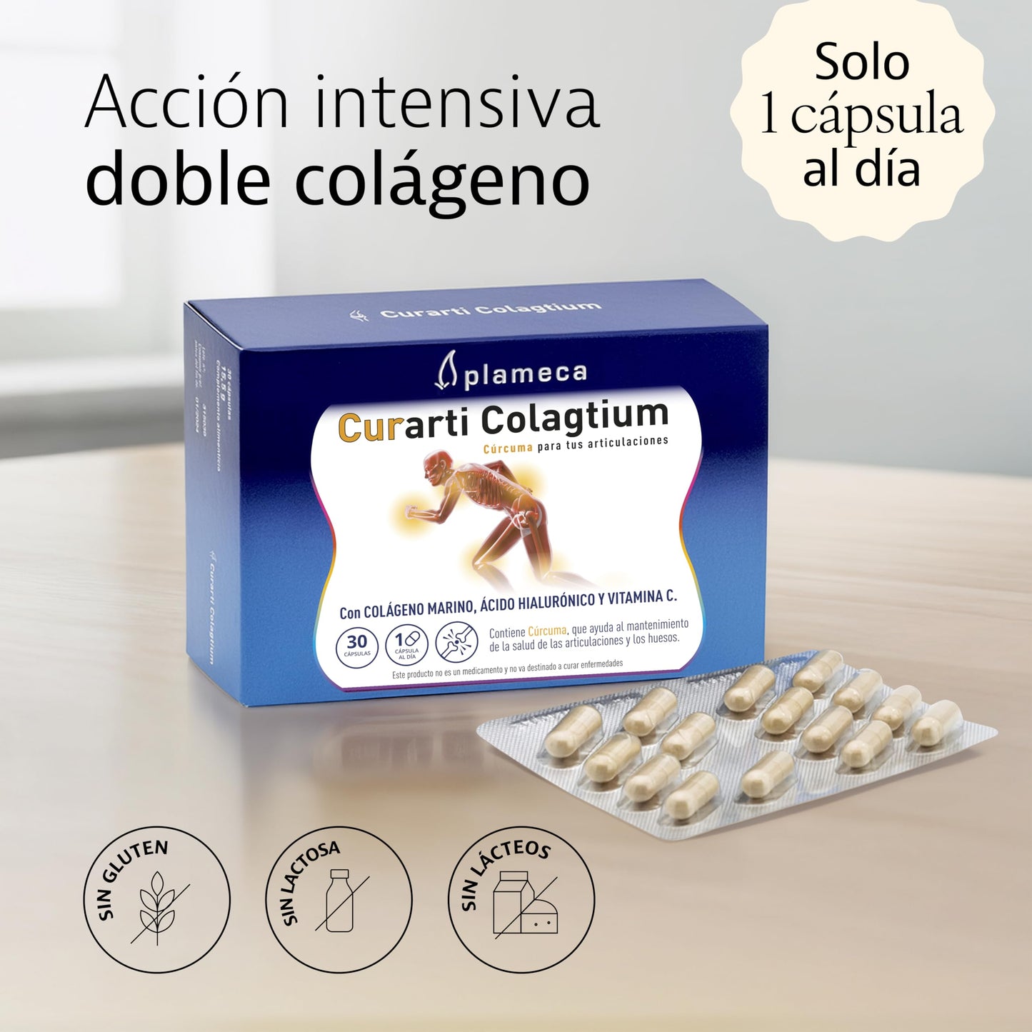 PLAMECA - Curarti Colagtium, Vegetable Capsules with Vitamin C and Curcumin, for Bones, Muscles and Joints, with Hyaluronic Acid, Marine Collagen and Ovomet- 30 Tablets