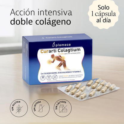 PLAMECA - Curarti Colagtium, Vegetable Capsules with Vitamin C and Curcumin, for Bones, Muscles and Joints, with Hyaluronic Acid, Marine Collagen and Ovomet- 30 Tablets