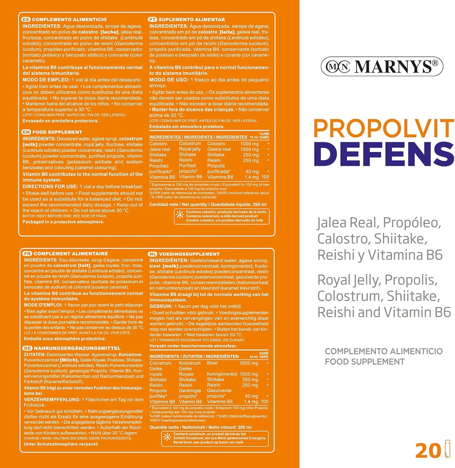 MARNYS Propolvit Defens Defenses with Royal Jelly, Propolis, Colostrum and Vitamins 20 Vials