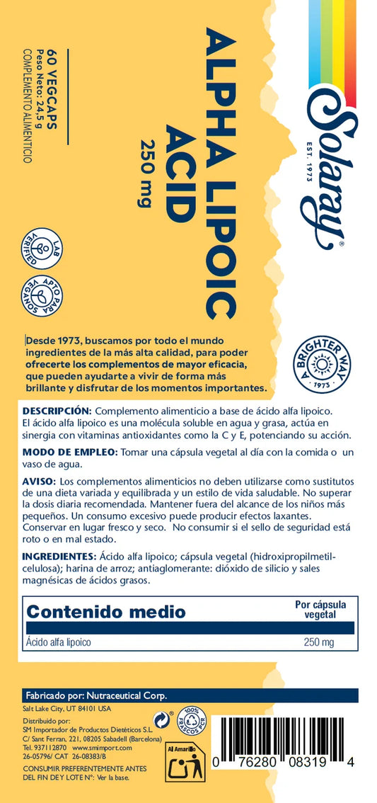 Ácido Alfa Lipoico 250 mg 60 vegcaps Solaray