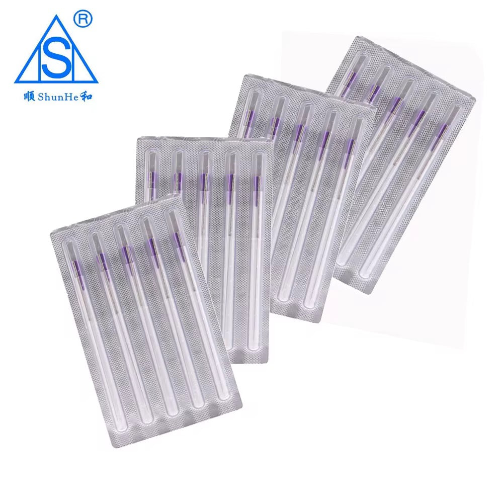 Aguja de acupuntura estéril con mango Sujok (resorte) y empaque de aluminio con certificación CE/ISO y tubo.