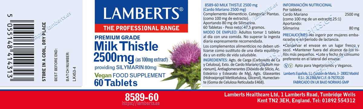 Cardo Mariano 2500mg Lamberts - Etiqueta e información nutricional