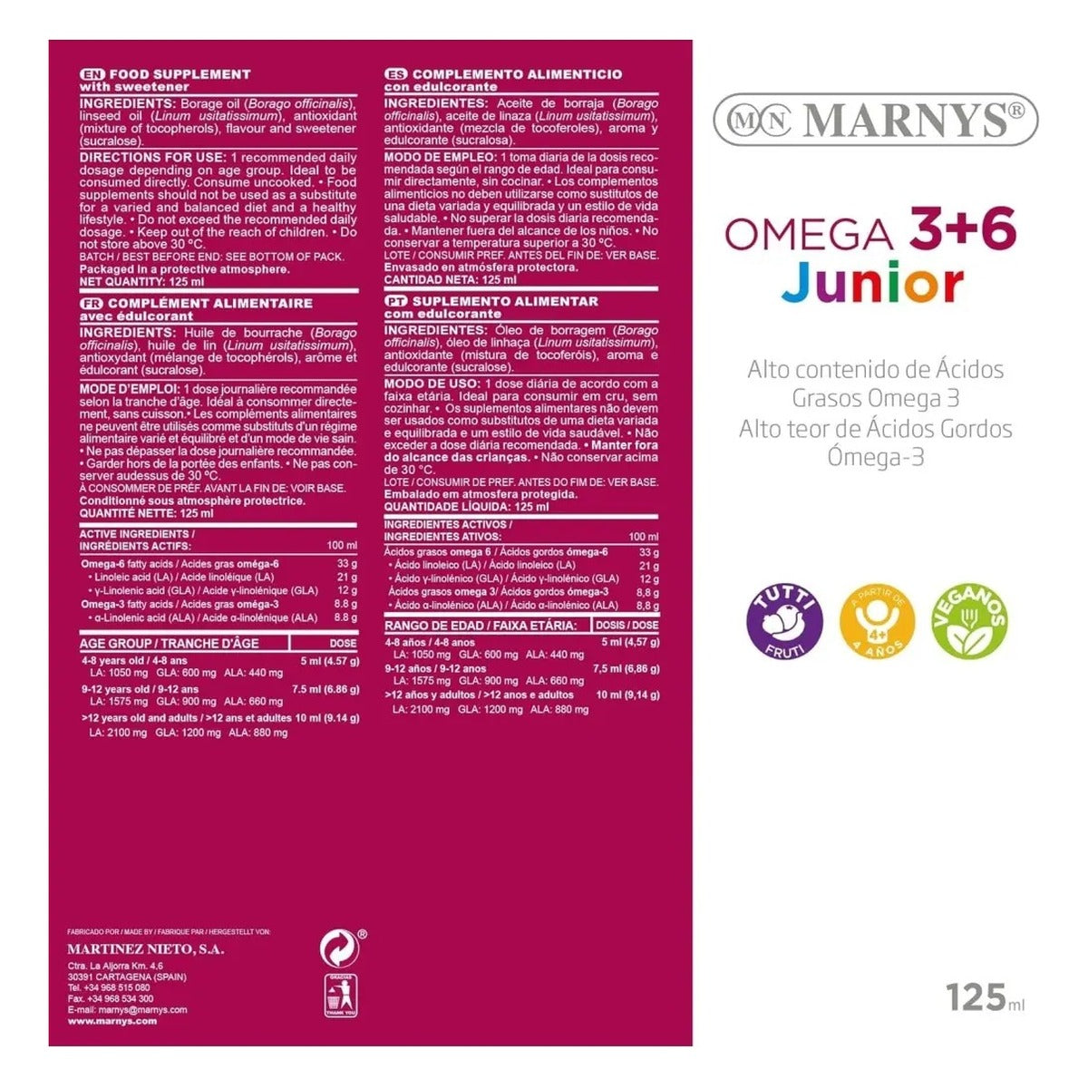 Omega 3 + 6 Junior Marnys, etiqueta con ingredientes y dosis por edad