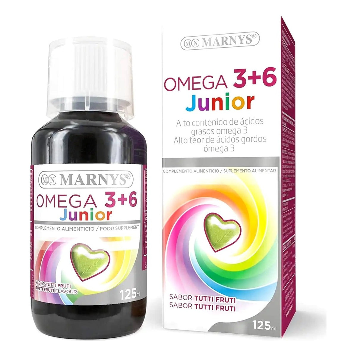 Omega 3 + 6 Junior Marnys jarabe 125 ml, botella y caja