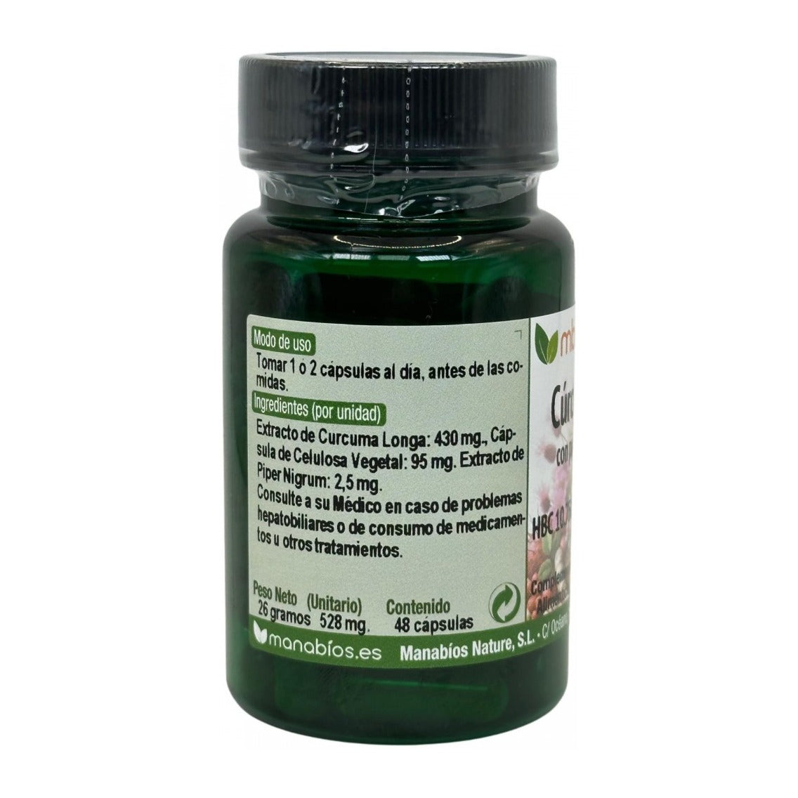 Cúrcuma Concentra Max 10.750mg con Piperina 48 cápsulas - Manabios - modo de uso e ingredientes